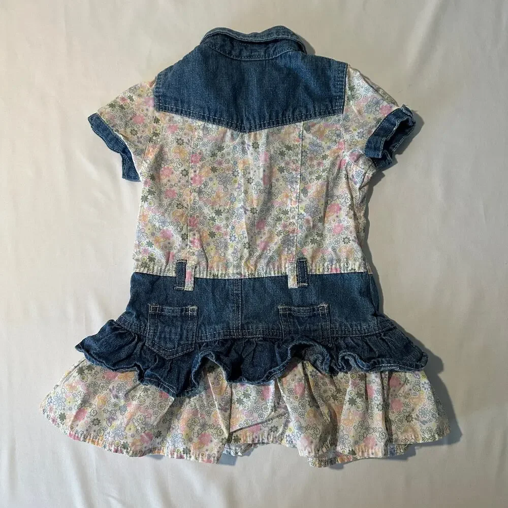Vintage 90s Faded Glory Floral Denim Patchwork Cowgirl Jean Dress Sz 24 mo